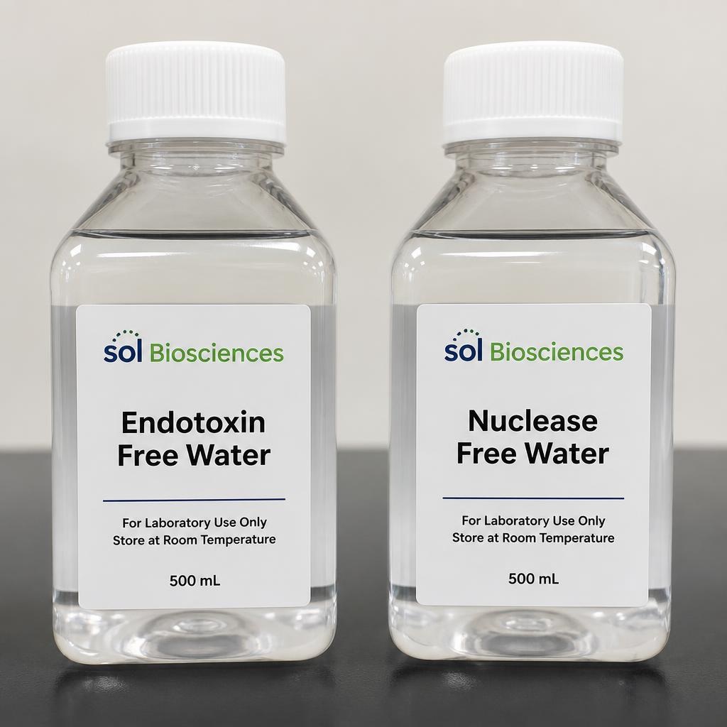 Sol Biosciences Endotoxin-Free and Nuclease-Free water bottles